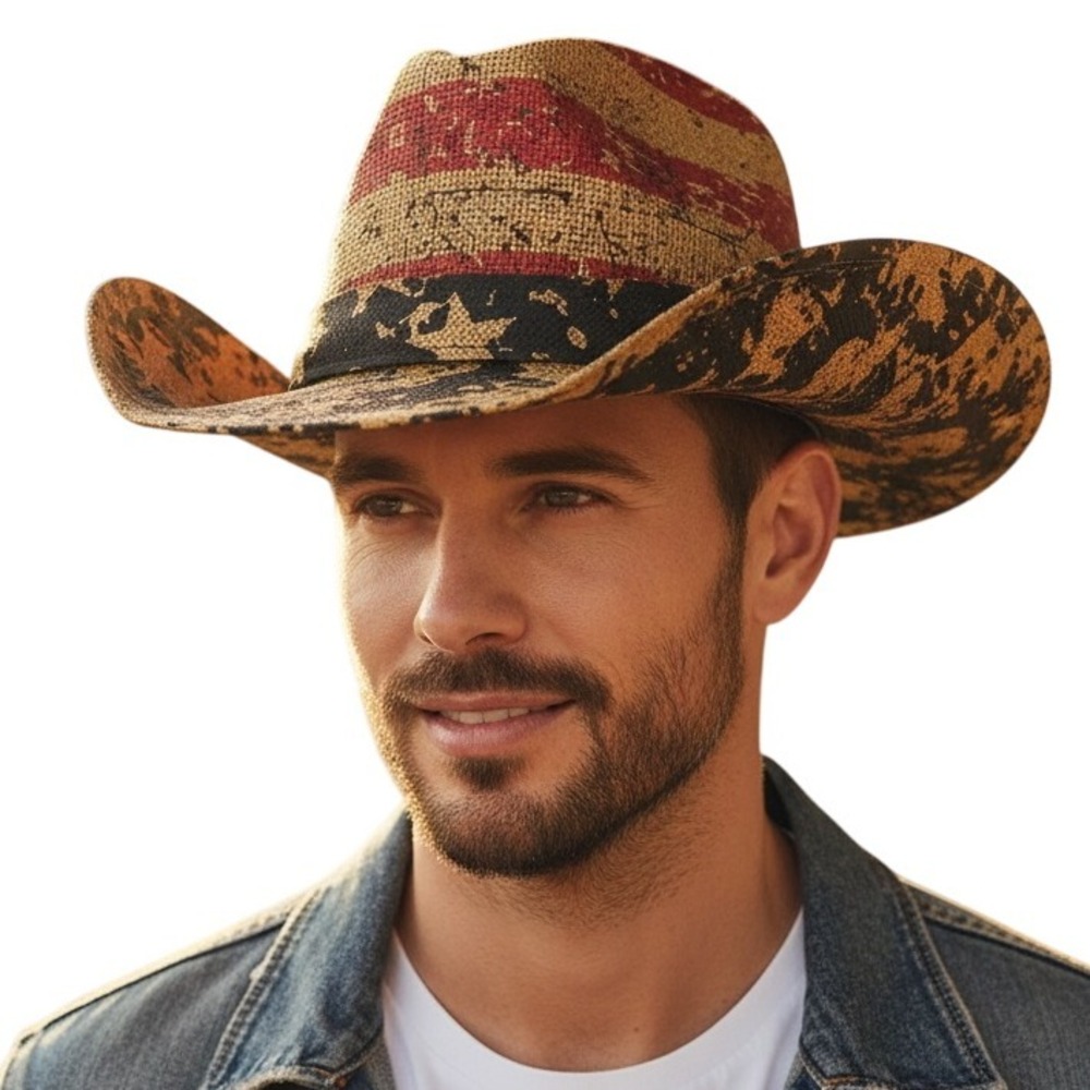 Tea Stained Paper Straw American Flag Fashion Cowboy Hat Vintage Look OS NWT - Picture 2 of 8